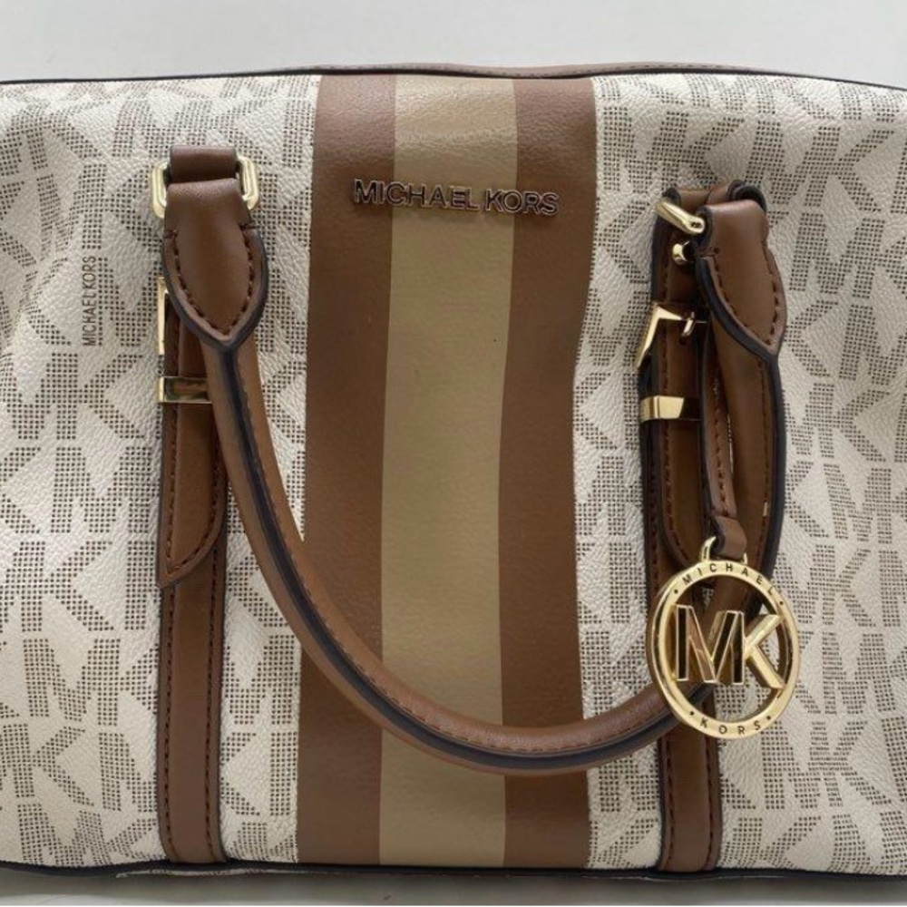 Michael Kors Vanilla PVC Bedford Travel Medium Logo Stripe Satchel Bag Purse